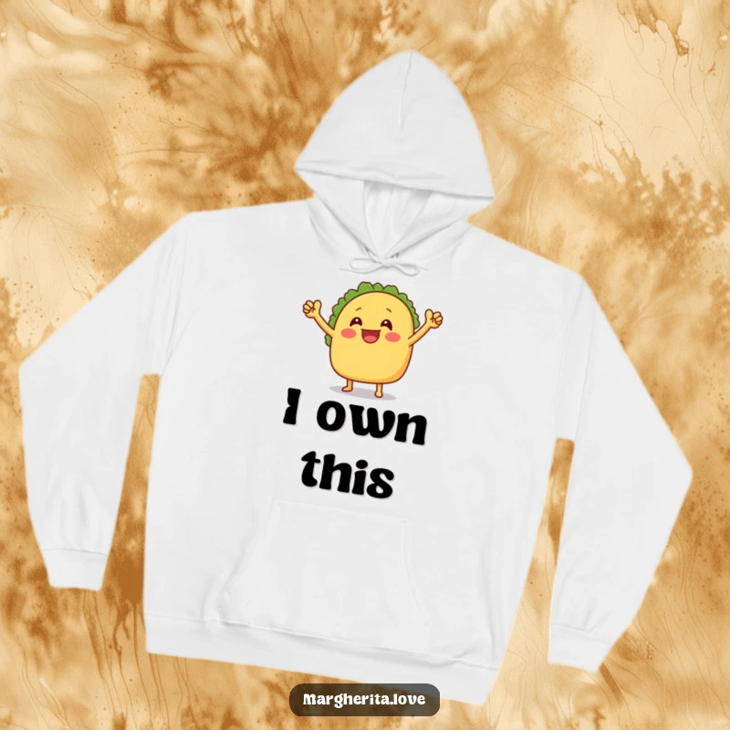 Funny hoodie featuring a grinning taco in a celebratory victory dance pose, perfect for spreading cheer and warmth.