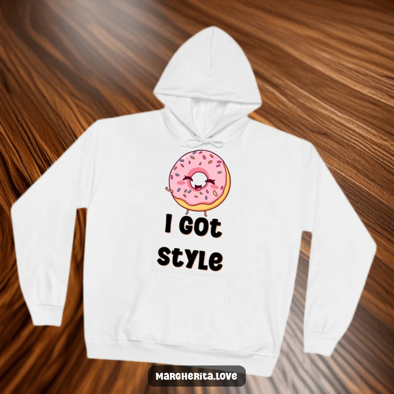 Funny hoodie featuring a winking donut with sprinkles striking a silly pose, offering cozy comfort and sweet humor.