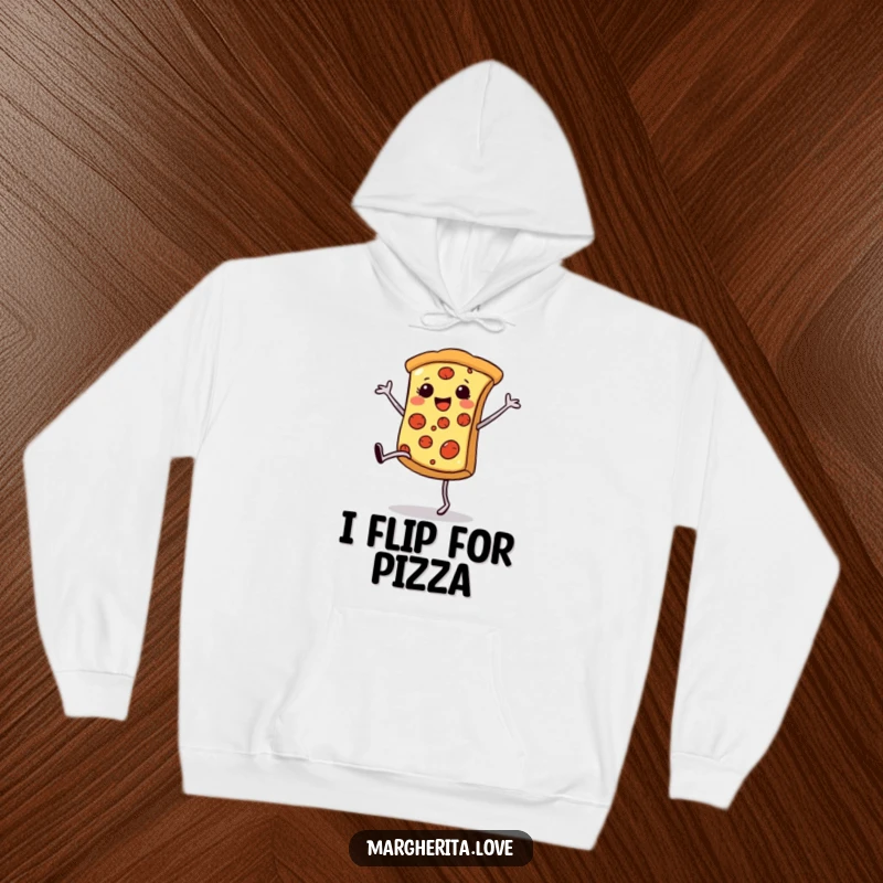 Funny happy pizza slice hoodie, performing a cartwheel with its legs, showcasing pure joy and a love for pizza.