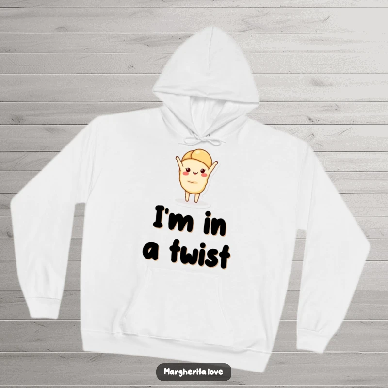 Funny hoodie featuring a charming croissant character gracefully doing a handstand, offering cozy comfort with a whimsical twist.