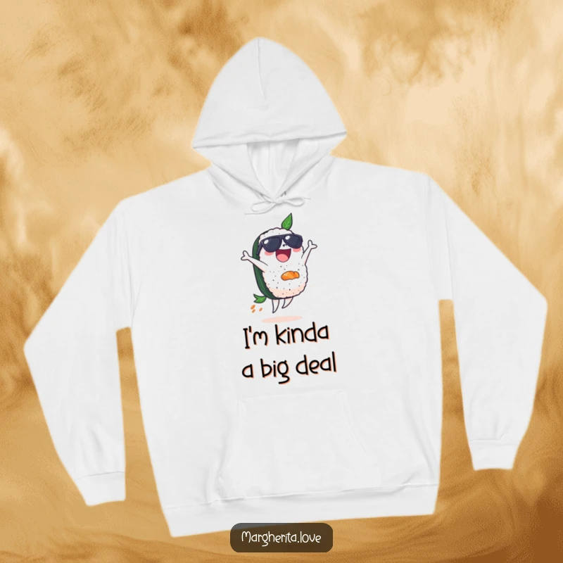 Funny hoodie depicting a delighted sushi piece in sunglasses, caught mid-backflip, radiating pure joy and athleticism.
