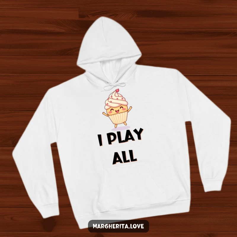 Funny hoodie featuring a cheerful cupcake mid-bounce with a ball, offering cozy comfort and sweet style.