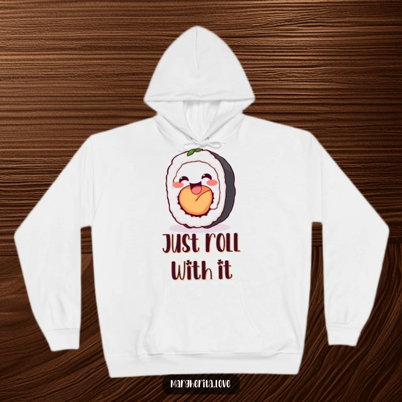 Funny sushi roll wiggle hoodie featuring a delighted sushi roll wiggling happily, offering cozy warmth and a touch of adorable humor.