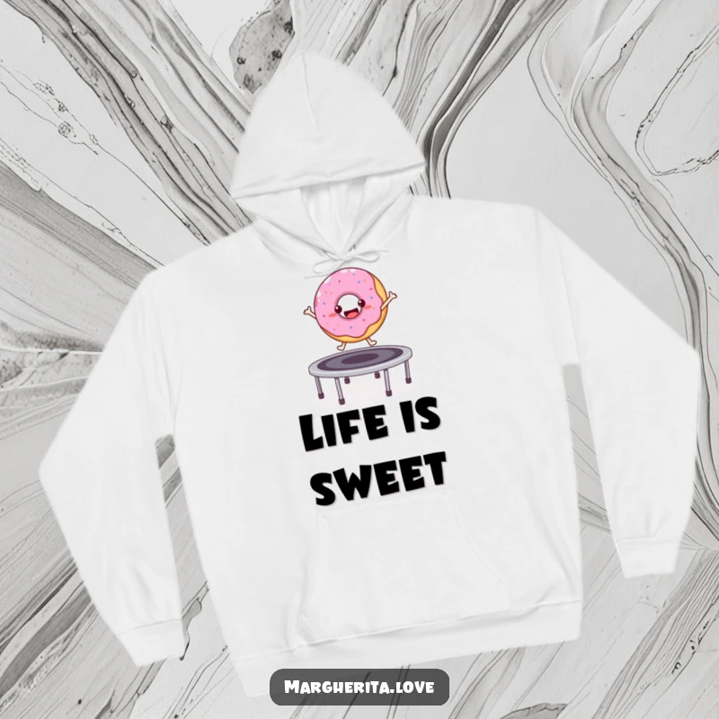 Funny bouncy donut character jumping on a trampoline, warm hoodie.