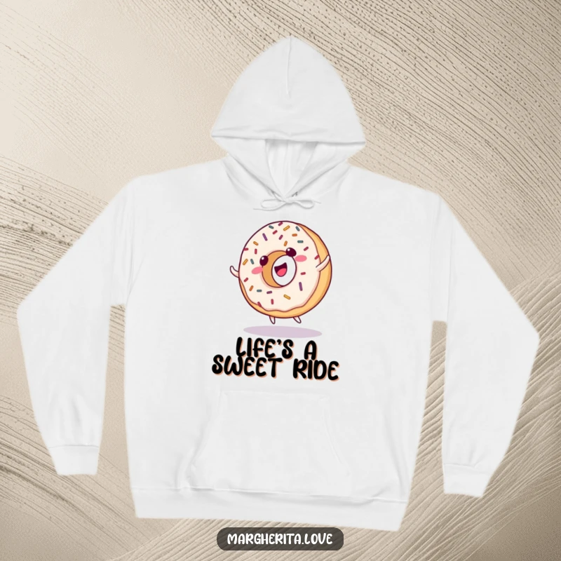 Funny hoodie depicting a giggling donut with sprinkles, captured mid-cartwheel, spreading pure joy and sweetness.
