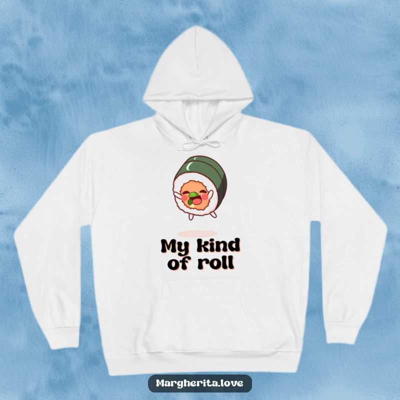 Funny hoodie featuring a delighted sushi roll character caught mid-somersault, showcasing agility and playful spirit.