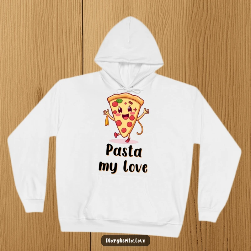 Funny and cozy hoodie featuring a smiling pizza slice character dancing joyfully with a pasta noodle, celebrating culinary fun.