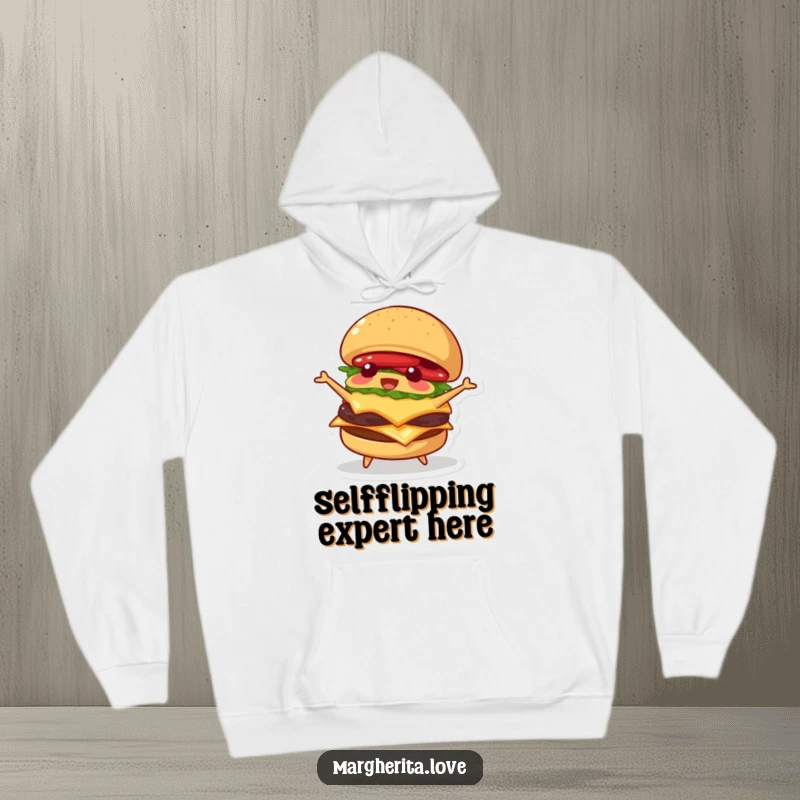 Funny hoodie designed with a playful burger character happily flipping itself, offering warmth and a humorous food-themed statement.