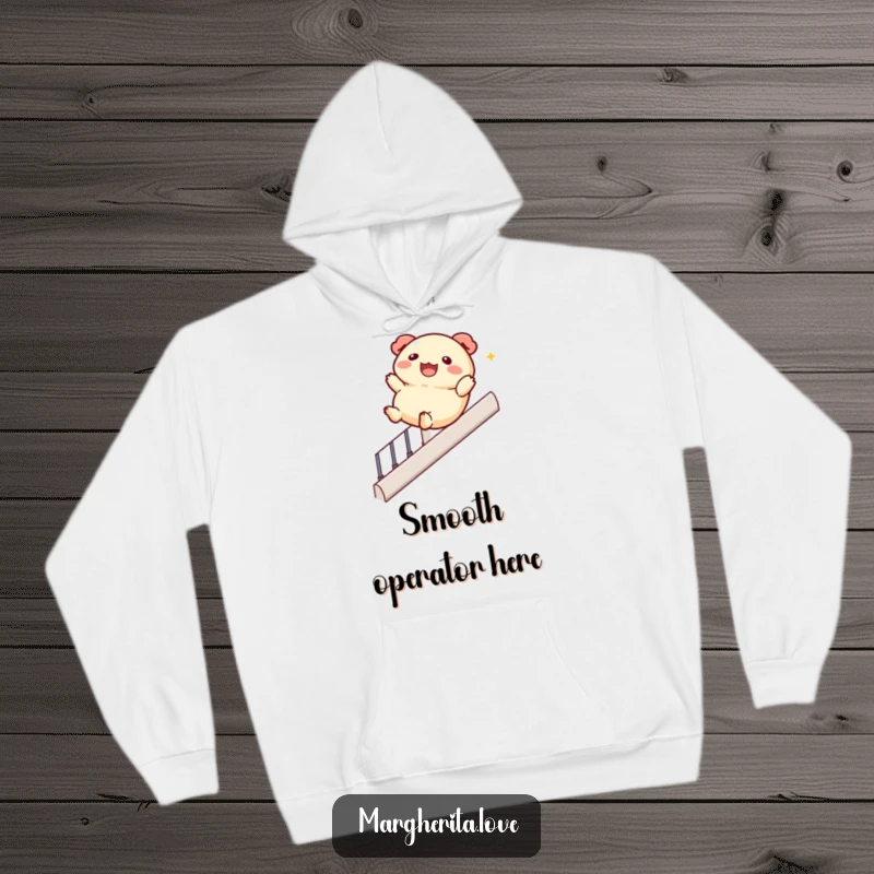 Funny hoodie designed with a jolly dumpling character happily sliding down a banister, offering warmth and a humorous, action-packed statement.