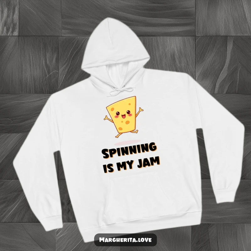 Funny cheese wedge hoodie doing a ballet pirouette, offering warmth and humor for cheese and dance fans.