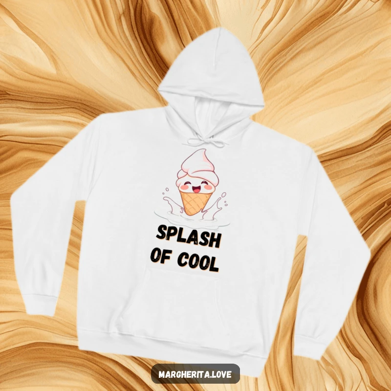 Funny hoodie featuring a giggling ice cream cone person splashing in milk, offering warm, humorous, and sweet-themed comfort.