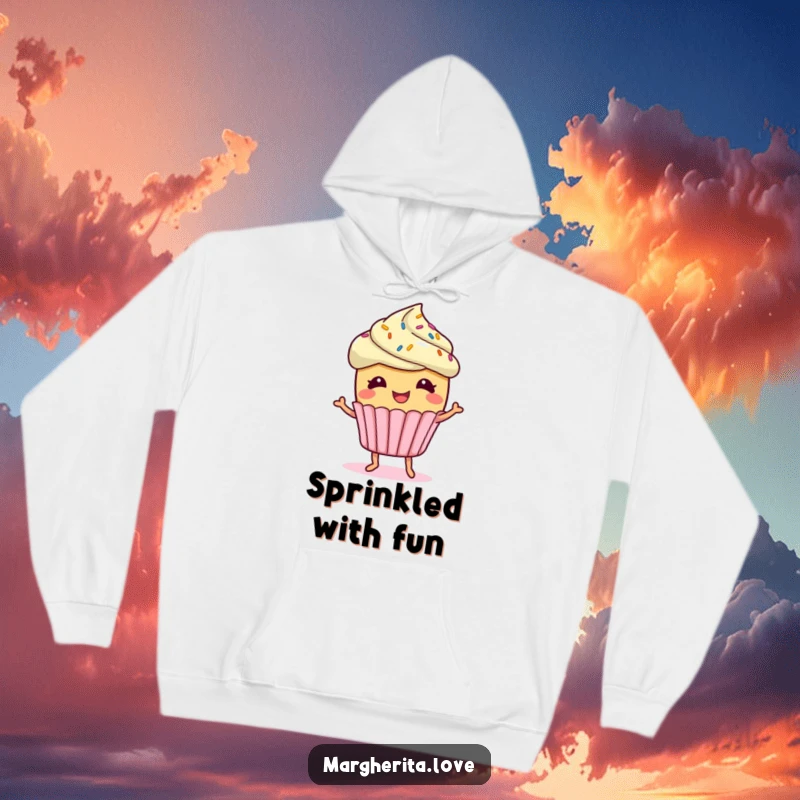 A giggling cupcake with sprinkles doing a little jig, featured on a cozy hoodie, embodying sweet comfort and joy.