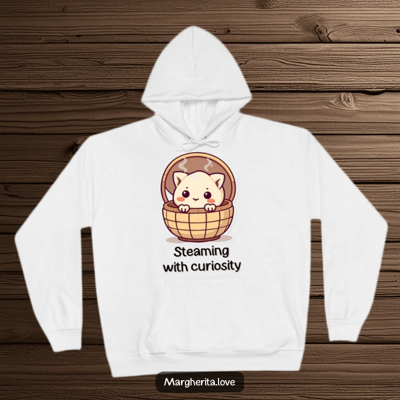 Funny curious dumpling peeking from a bamboo steamer, featured on a cozy hoodie for ultimate comfort and playful charm.