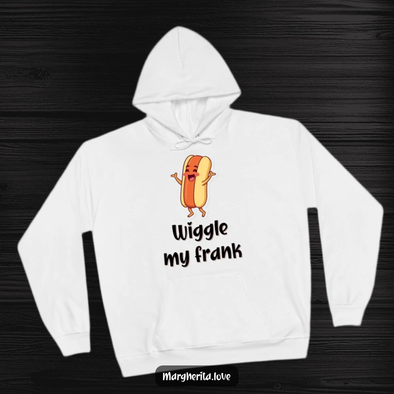 Funny hoodie featuring a goofy hot dog character doing a silly jig, offering comfort and a humorous visual treat.