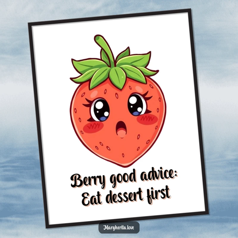 Funny Free Printable Wall Art: A wide-eyed strawberry in a state of comical shock, a delicious piece of downloadable art.