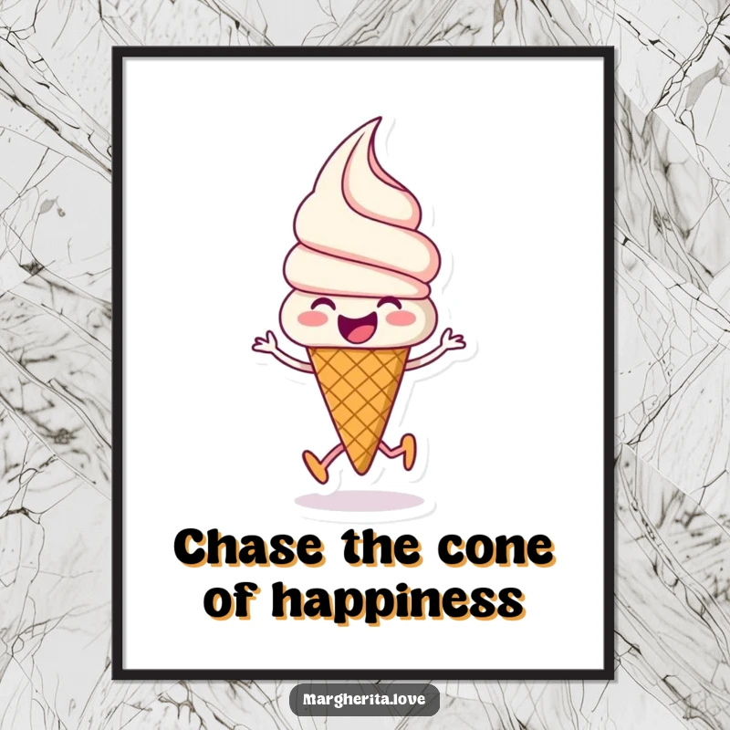 Funny Free Printable wall art: A cheerful ice cream cone doing a happy skip, radiating pure, sweet joy.
