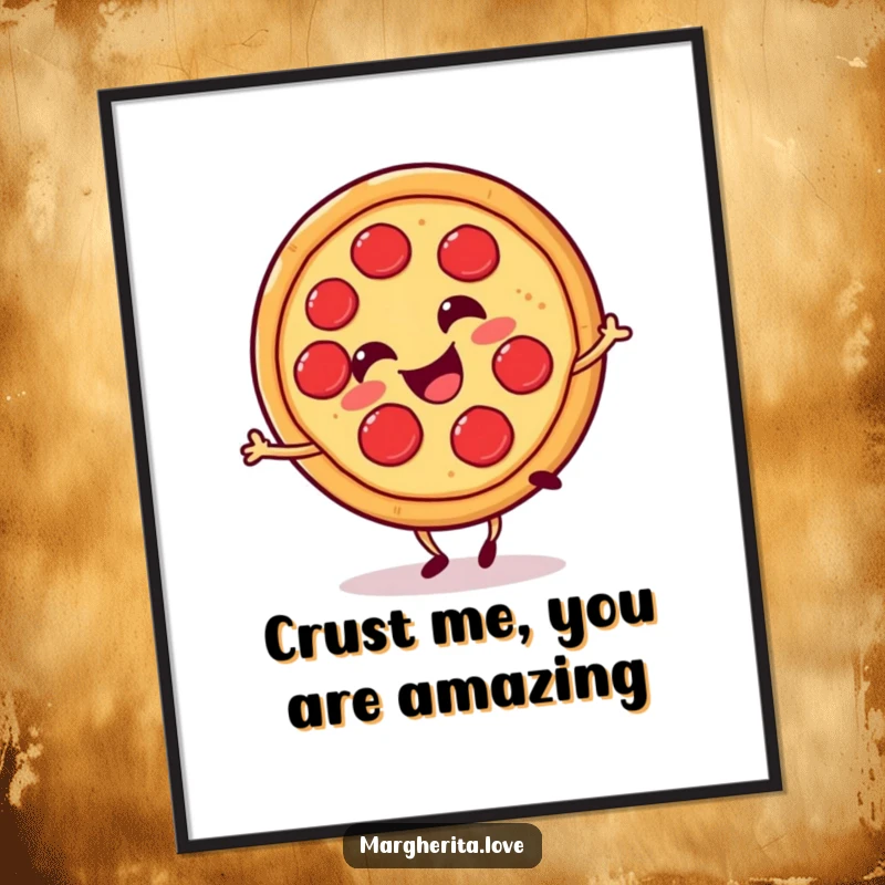 Funny Free Printable wall art featuring a smiling pizza slice doing a cartwheel, bringing a playful and humorous accent to any room.