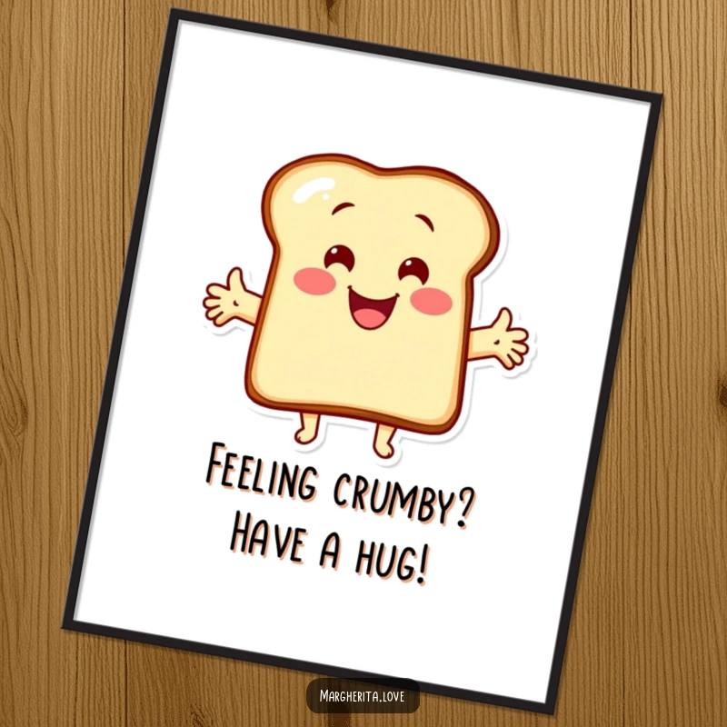 Funny Free Printable Wall Art of a cheerful piece of toast with arms outstretched, inviting everyone for a warm, doughy hug.
