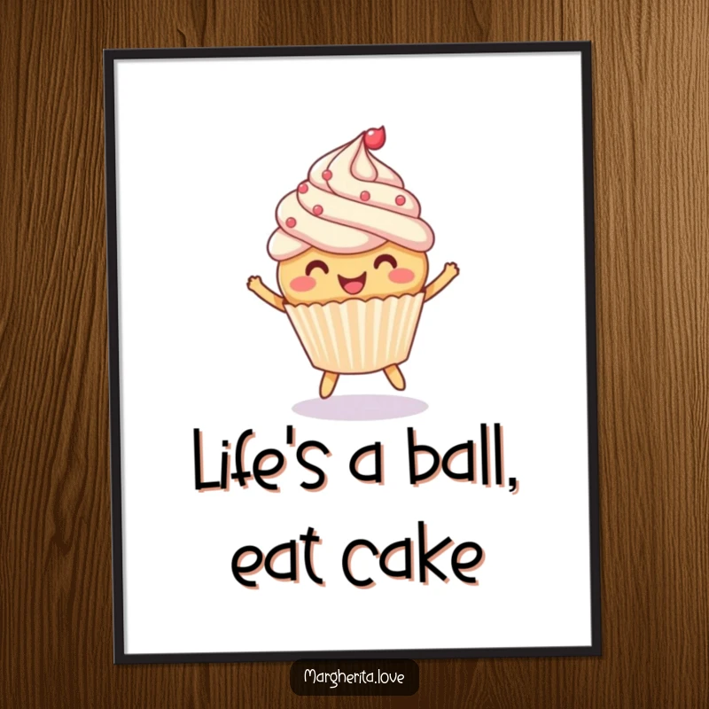 Funny Free Printable Wall Art: A cheerful cupcake mid-bounce with a ball, radiating pure sugary happiness and playful energy.