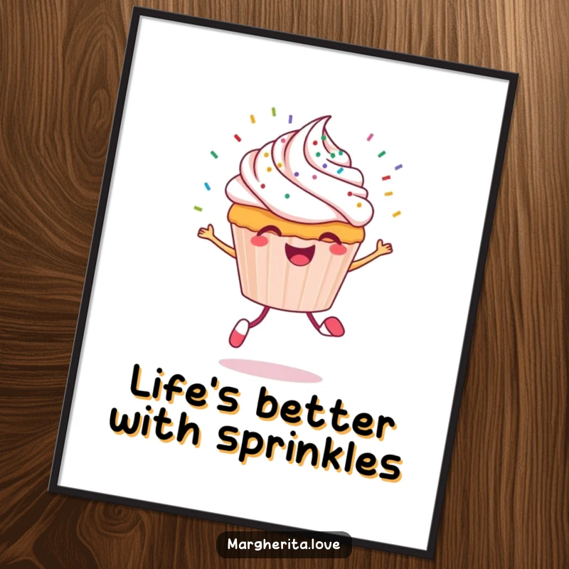 Funny Free Printable Cupcake Wall Art: A cheerful character skipping with sprinkles flying, adding vibrant energy.