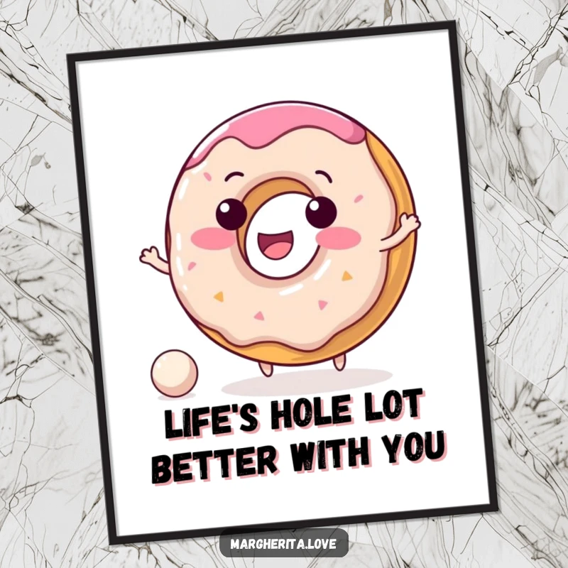 Funny Free Printable Donut Wall Art: A delighted donut character happily bouncing a tiny ball, bringing cheerful vibes.