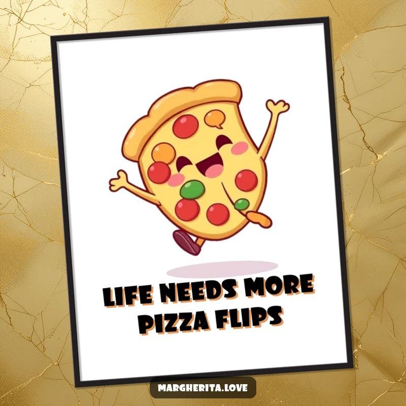 Funny free printable wall art of a joyful pizza slice character doing a cartwheel with a smile.