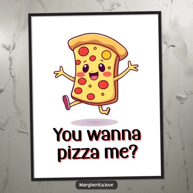 Funny Free Printable Wall Art: Cheerful pizza slice with legs performs a joyful dance, adding vibrancy to any room.