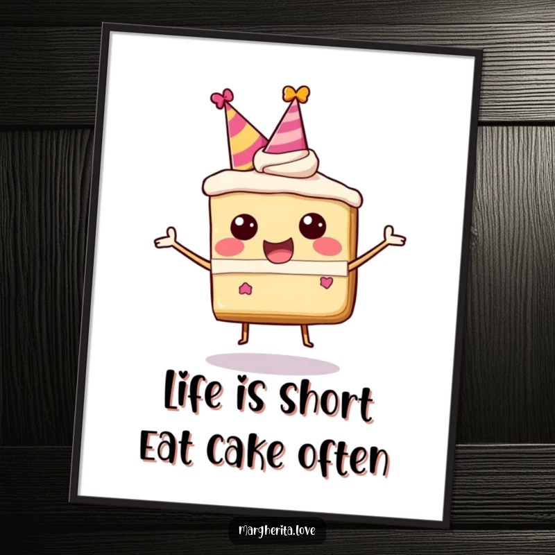Funny Free Printable Wall Art: A happy slice of cake in a party hat, bouncing with infectious energy, sweet downloadable art.