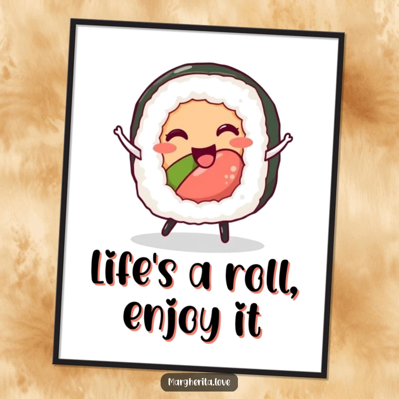 Funny Free Printable Wall Art: A delighted sushi roll caught mid-dance, bringing playful energy to any room.