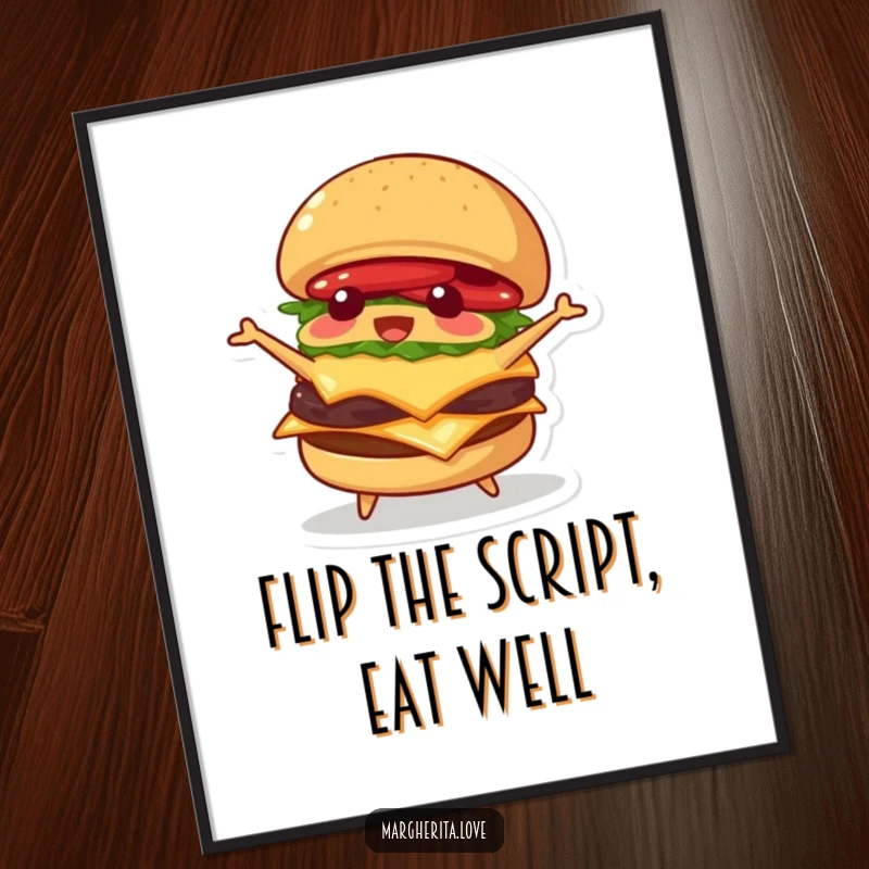 Funny free printable wall art: an active burger hilariously flips itself, bringing dynamic and amusing decor to any space.