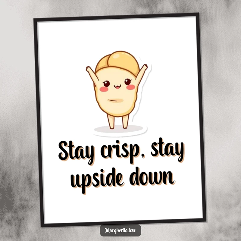 Funny free printable wall art: a cute croissant impressively balances in a handstand, adding whimsical and artistic flair.