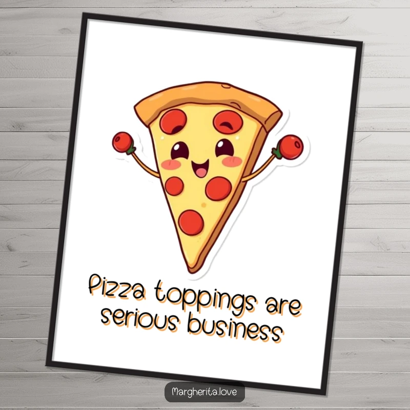 Funny free printable wall art: A smiling slice of pizza skillfully juggling pepperoni slices, adding a playful touch to any room.