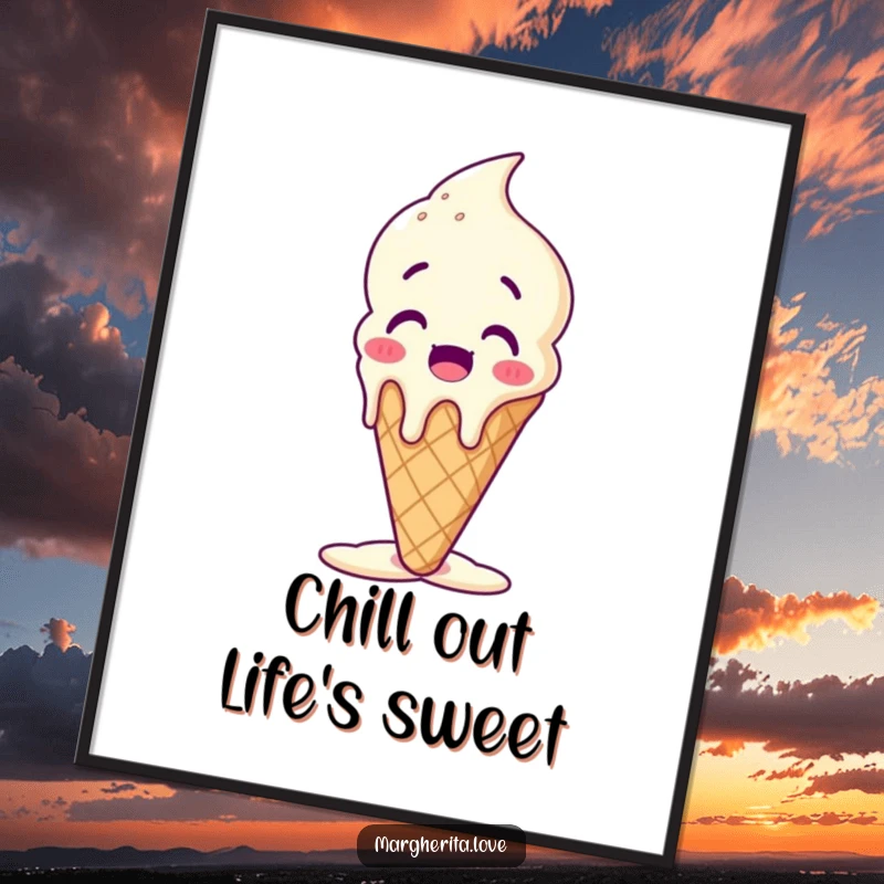 Funny Free Printable Wall Art: A happy ice cream cone melting under the sun, bringing a chill vibe.