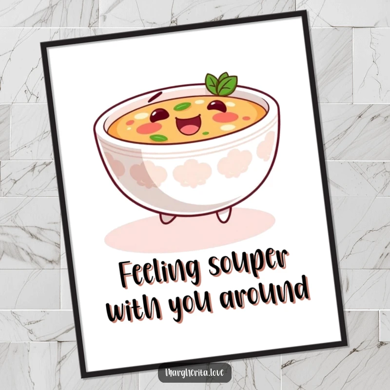 Funny Free Printable Wall Art: A content, anthropomorphic bowl of soup doing a happy skip.