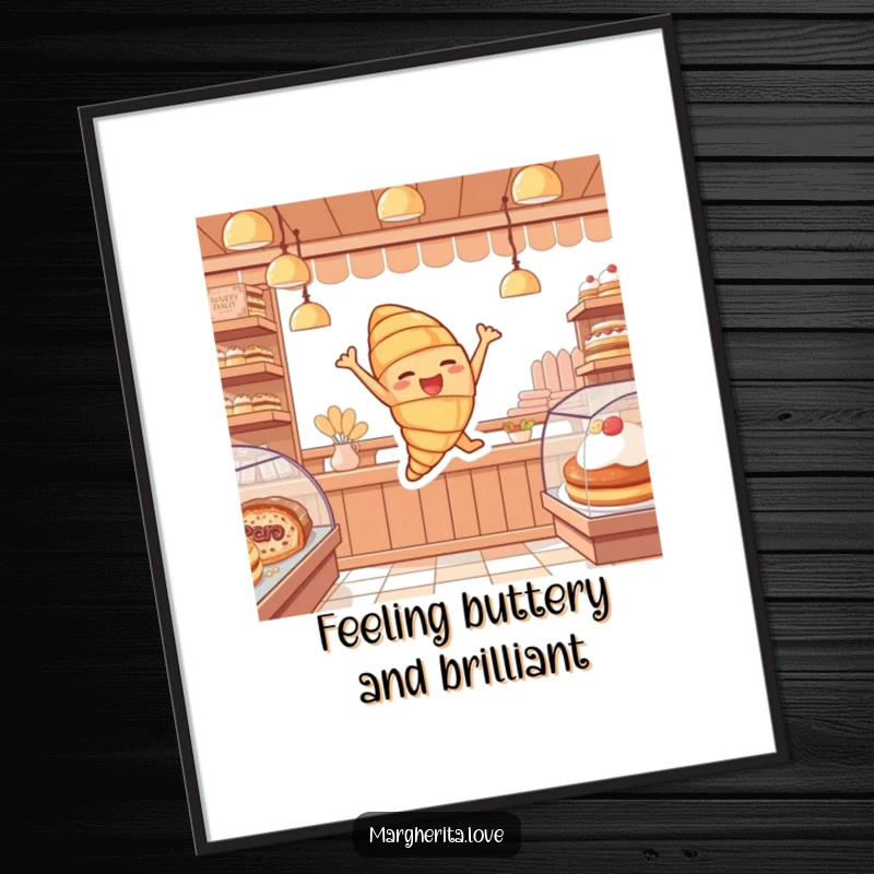 Funny Free Printable Wall Art: Lively croissant character captured in a joyful leap within a charming pastry shop setting.