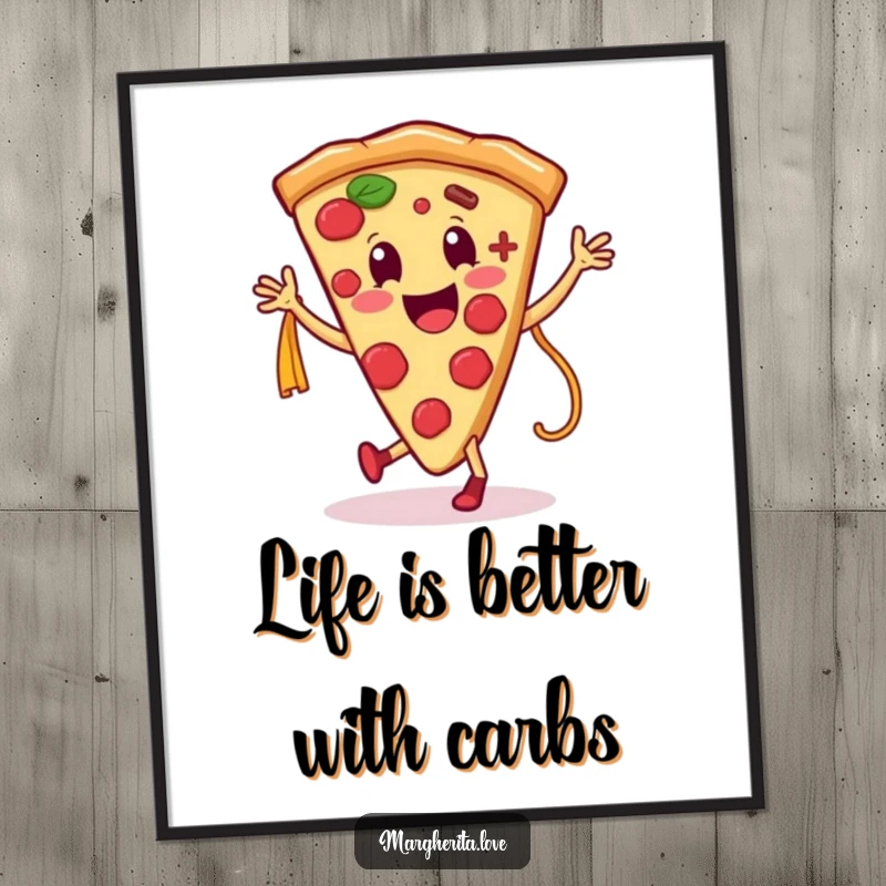Funny Free Printable Wall Art: Smiling pizza slice and pasta noodle engaged in a lively, cartoonish dance.