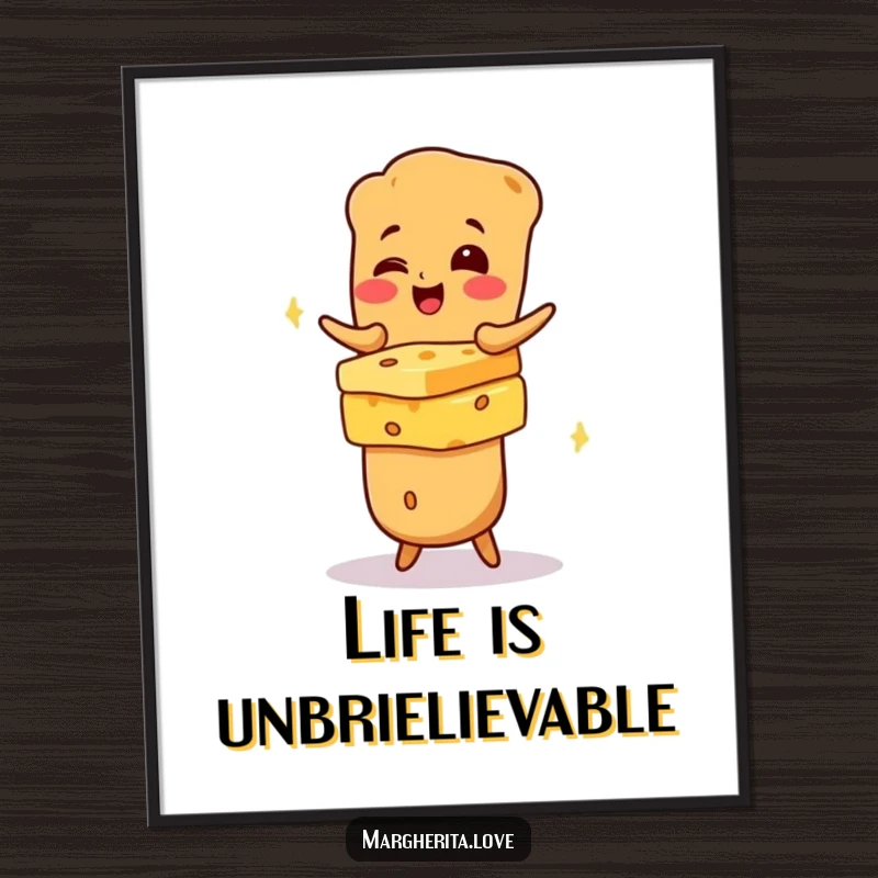 Funny Free Printable wall art featuring a baguette character gleefully balancing a spectacular stack of various cheeses.