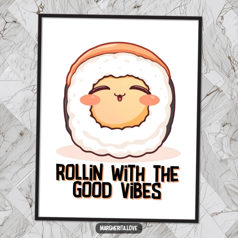 Funny Free Printable wall art of a content sushi roll basking in warmth, bringing a peaceful and humorous touch to any room.