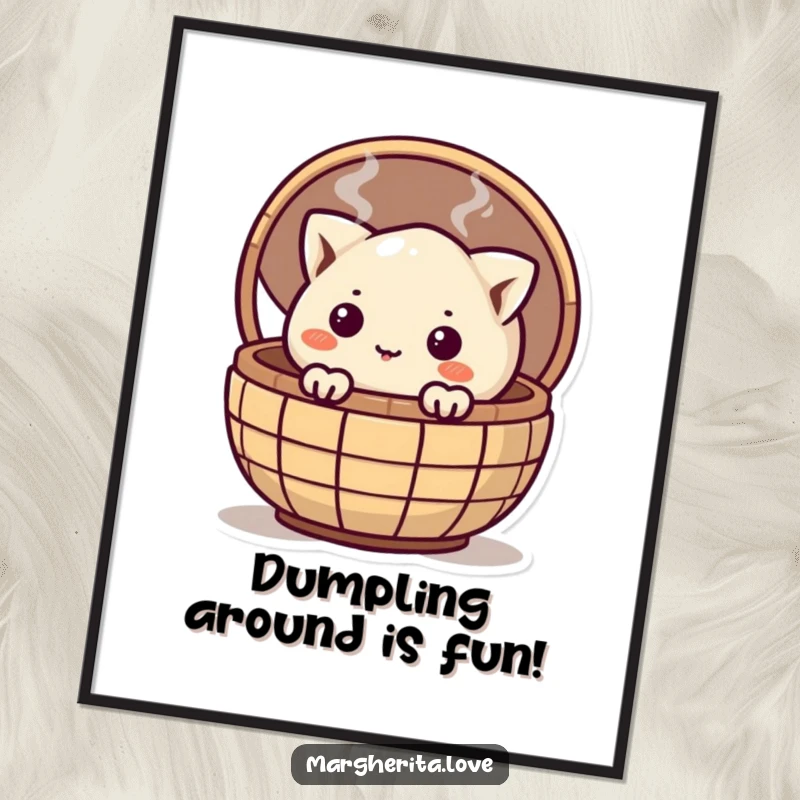 Funny Free Printable wall art depicting a curious dumpling peeking from a steaming basket, radiating cozy charm.