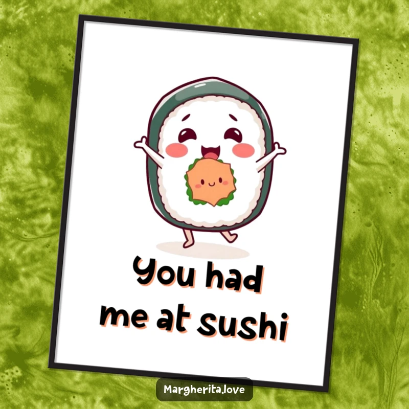 Funny free printable wall art of a happy sushi roll character doing a joyful dance, perfect for adding whimsical decor.