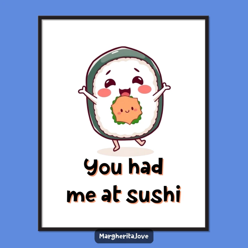 Funny Free Printable Wall Art: Dancing Sushi Roll, Quirky Downloadable Decor for Kitchen