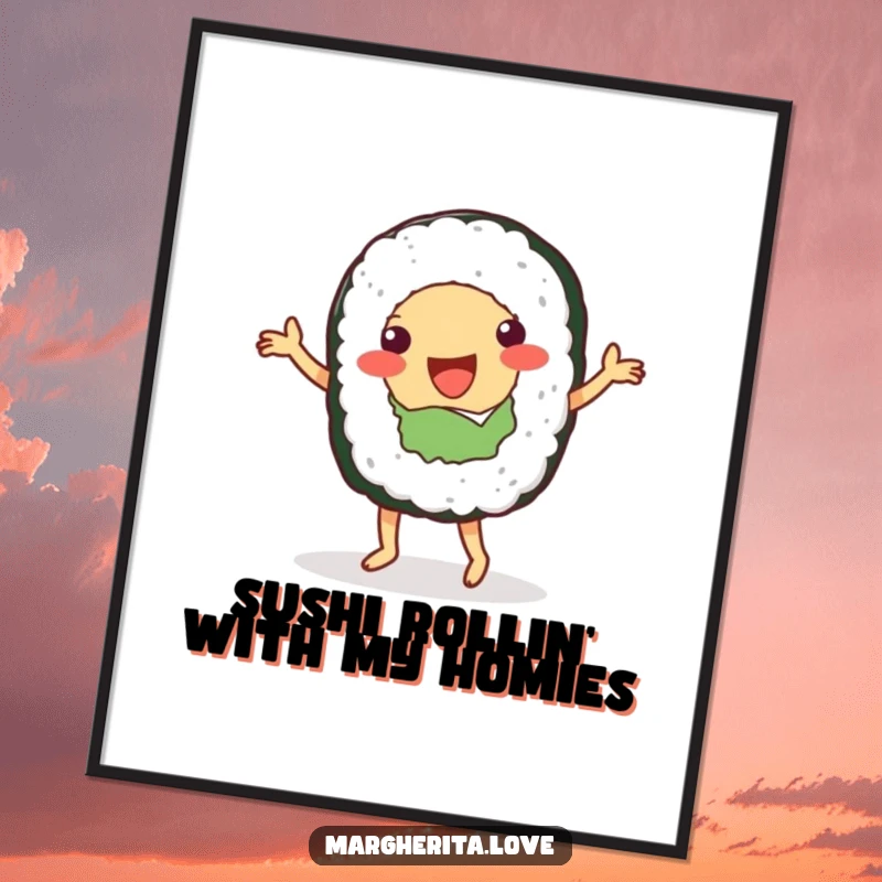 Funny Free Printable Wall Art: A happy sushi roll person doing an energetic dance, bringing a playful and delicious vibe to your space.