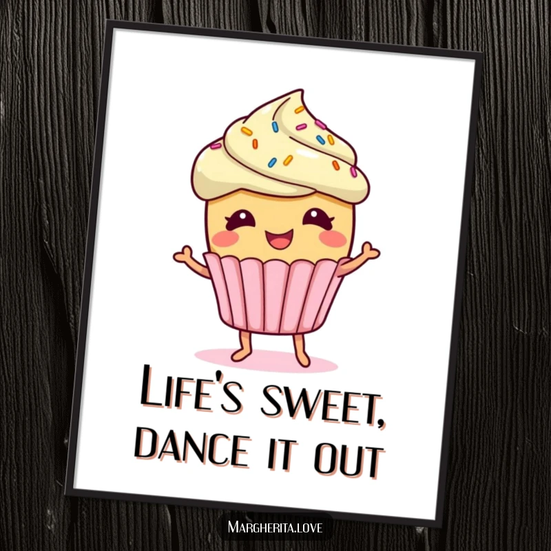 Funny Free Printable Wall Art featuring a giggling cupcake with sprinkles doing a little jig, bringing sweet humorous charm.