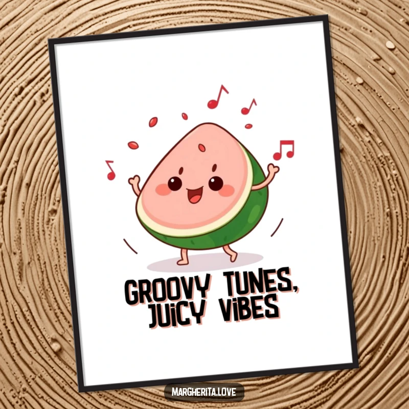 Funny Free Printable Wall Art: Watermelon slice dances energetically to music, seeds popping playfully, creating a vibrant scene.