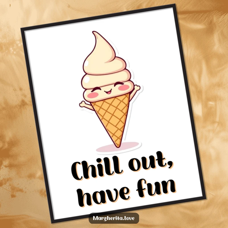 Funny Free Printable wall art showing a winking ice cream cone character performing a perfect headstand with a mischievous grin.
