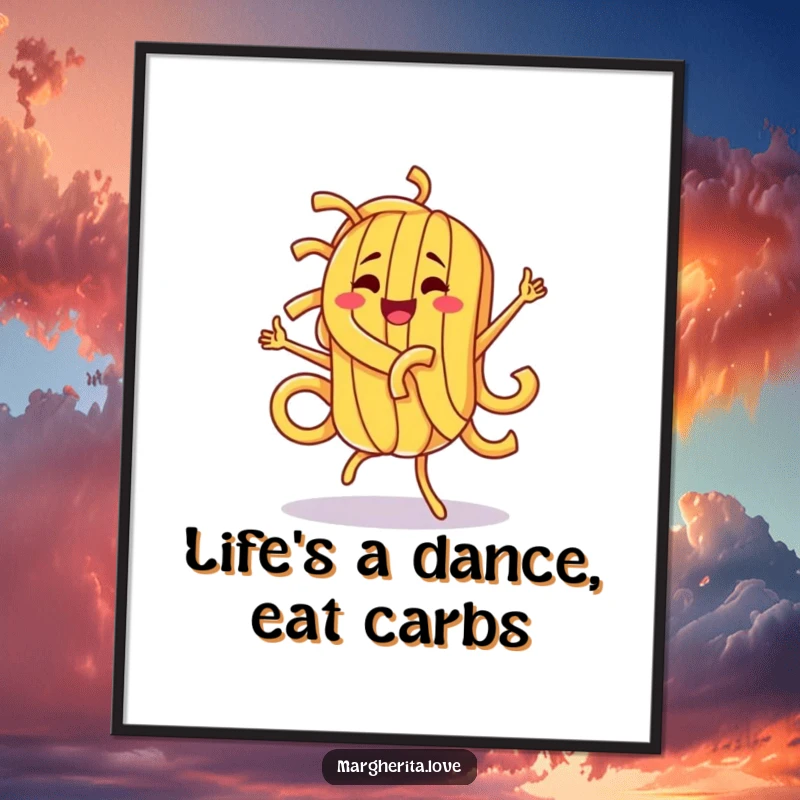 Funny Free Printable wall art depicting a pasta character in mid-dance, radiating pure, unadulterated joy and silliness.