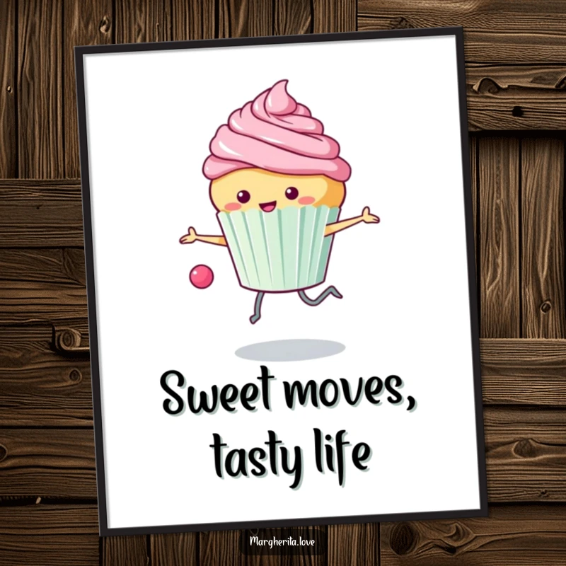 Funny Free Printable Wall Art: Cheerful anthropomorphic cupcake with flying frosting energetically skips rope, adding joy.