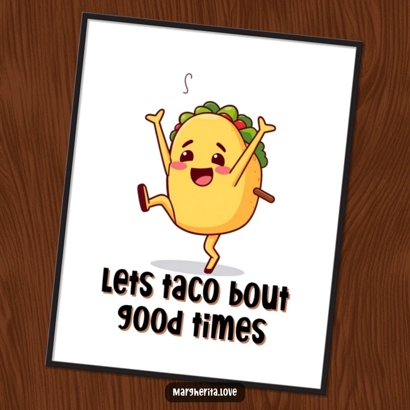 Funny Free Printable Wall Art, a jaunty taco character performing an energetic and excited cartwheel.