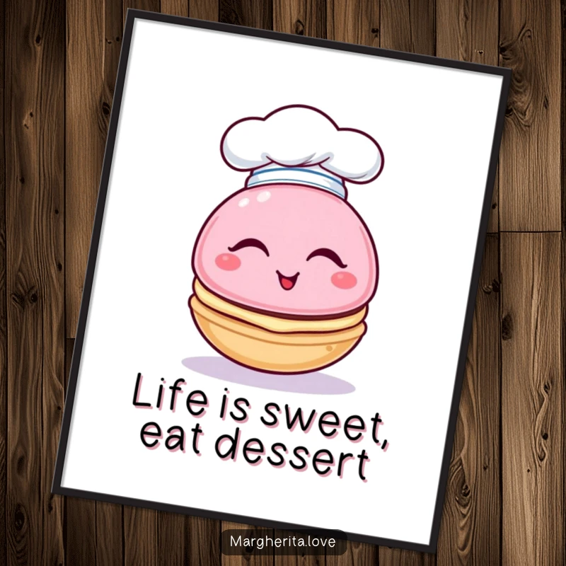 Funny Free Printable Wall Art: A playful macaron character in a tiny chef hat winks charmingly to the viewer.
