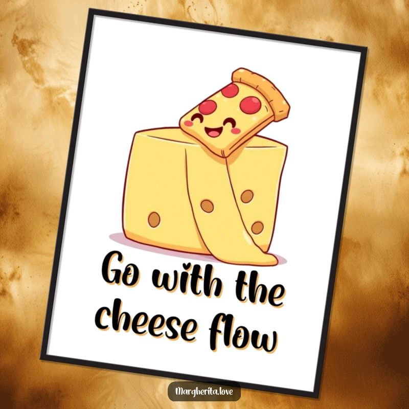 Funny Free Printable Wall Art: A pizza slice on a cheesy adventure down a giant cheese strand, a humorous downloadable artwork.